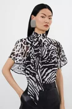 Тканый топ с завязками на шее из жоржета с животным принтом Karen Millen, черный