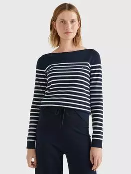 Tommy Hilfiger Джемпер в полоску с вырезом лодочкой, Полночь/Белый