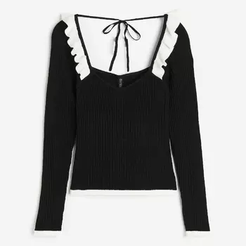 Топ H&M Ruffle-trimmed Rib-knit, черный