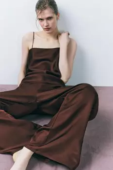 Топ из шелка с бретельками ZARA, коричневый