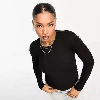 Топ Monki Ribbed Pointelle Long Sleeve, черный