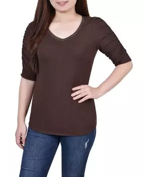 Топ petite со сборками на рукавах NY Collection, коричневый