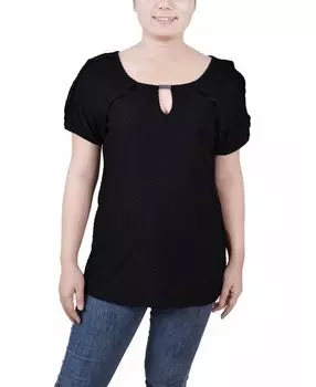 Топ Petite Swiss Dot с короткими рукавами NY Collection, черный