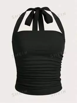 Топ плиссированный Shein Ezwear с лямкой на шее, черный