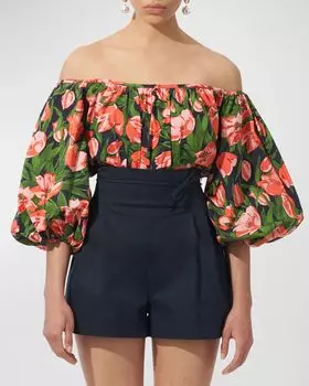 Топ с открытыми плечами и объемными рукавами с цветочным принтом Carolina Herrera, цвет Midnight Multi