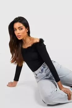 Топ с открытыми плечами в ребку перо Boohoo, черный