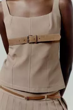 Топ с поясом и отстрочкой ZARA, кэмел