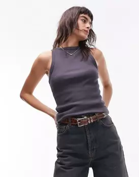 Топ Topshop Ribbed With Fitted Cut, серо-синий
