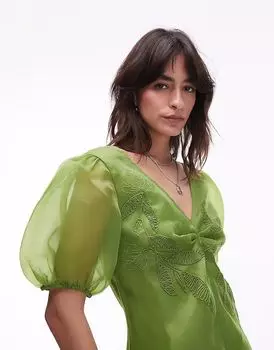 Топ Topshop с вышитыми рукавами-фонариками из органзы зеленого цвета