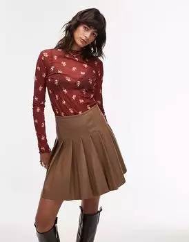 Топ Topshop с высоким воротом и длинными рукавами, с мелким принтом, бордового цвета