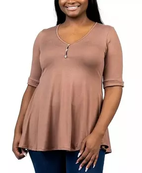 Топ-туника больших размеров с рукавами до локтя на пуговицах 24seven Comfort Apparel, коричневый