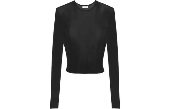 Топ укороченный в рубчик Saint Laurent с круглым вырезом, черный
