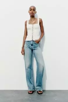Топ в полоску с корсетром ZARA, коричневый/белый