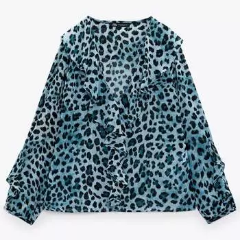 Топ Zara Ruffled Animal Print, синий/черный