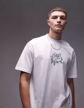 Topman 2013 Белая футболка оверсайз с принтом-розой