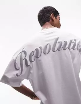 Topman — белая плотная футболка оверсайз с вышивкой «Revolution» спереди и сзади