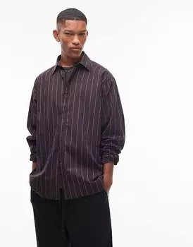 Topman – коричневая полосатая рубашка оверсайз с длинными рукавами