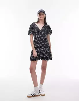 Topshop – Bella – повседневное мини-платье черного цвета с развевающимися рукавами и узором в белый горошек