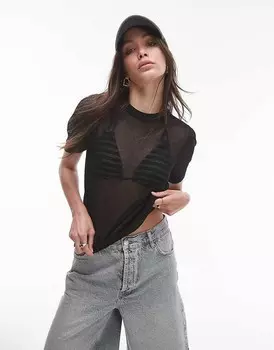 Topshop – Черная прозрачная трикотажная футболка