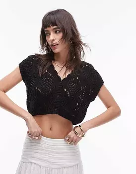 Topshop – Черная вязаная майка крючком