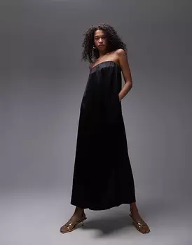 Topshop – Черное атласное платье макси с вырезом-бандо