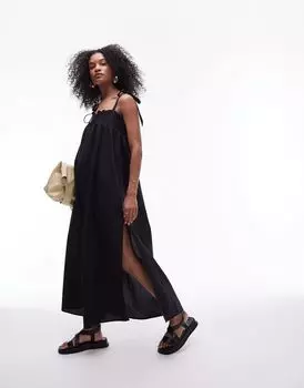 Topshop – черное платье макси из поплина с присборенным бюстом