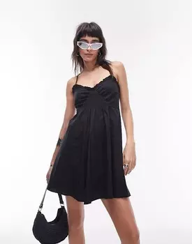 Topshop – Черное свободное короткое платье с бретельками и присборенной талией