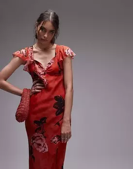 Topshop — длинное коктейльное платье с принтом розовых роз и рукавами с рюшами