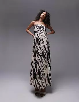Topshop — длинное платье-бандо из монохромного атласа с животным принтом