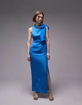 Topshop — длинное платье премиум-класса с драпировкой из синей ткани купро