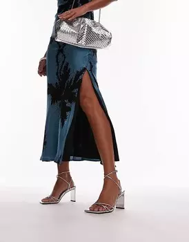 Topshop – Georgina – серебристые босоножки на каблуке с ремешками, широкого кроя