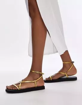 Topshop – Jules – Минималистичные кожаные сандалии на плоской подошве с ремешками золотистого цвета