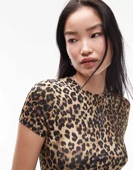 Topshop – Коричневая футболка из микрофибры с леопардовым принтом