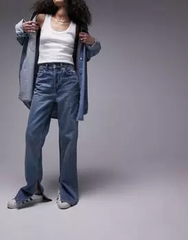 Topshop – Kort – Синие джинсы прямого кроя с разрезами