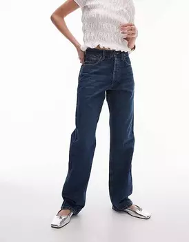 Topshop – Kort – Темно-синие джинсы прямого кроя с высокой талией