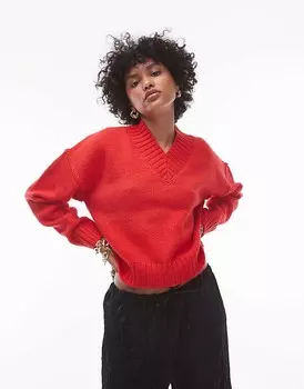 Topshop – Красный однотонный вязаный джемпер с высоким воротником и V-образным вырезом