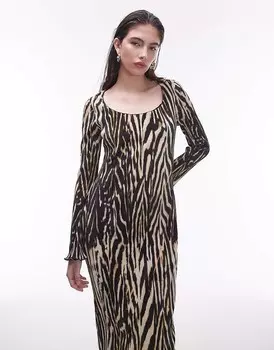 Topshop — монохромное платье миди с рисунком зебры, круглым вырезом и волнистым краем