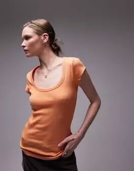 Topshop – оранжевая футболка в рубчик с U-образным вырезом и рукавами