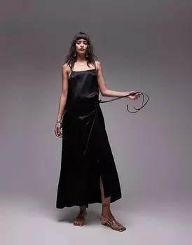 Topshop – Premium – Черное платье миди с квадратным вырезом и запахом