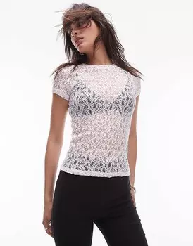 Topshop – Прозрачная кружевная футболка белого цвета =