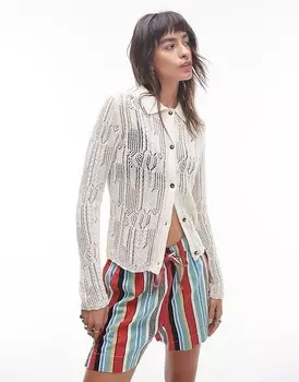 Topshop = трикотажная рубашка с длинными рукавами кремово-белого цвета = с сетчатой структурой
