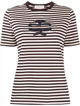 Tory Burch футболка Woven Double T в полоску, нейтральный цвет