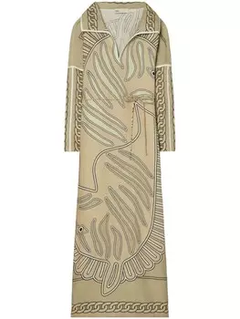 Tory Burch льняное платье-кафтан с абстрактным узором, нейтральный цвет