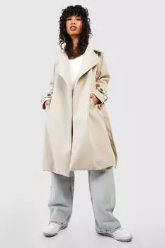 Тренч из шерсти с поясом boohoo, бежевый