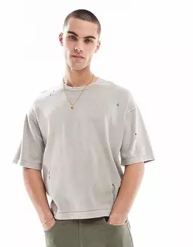 Трикотажная футболка Bershka бежевого цвета