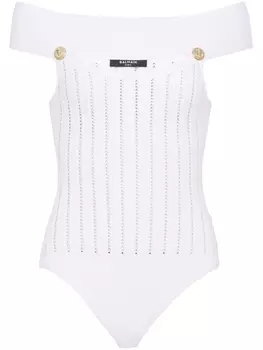 Трикотажное боди в рубчик с вырезами Balmain, белый