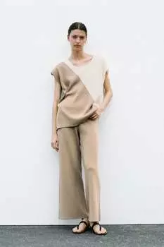Трикотажный топ цветных блоков ZARA, коричневый/серо-бежевый