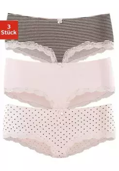 Трусики LASCANA (3 шт.) из эластичного хлопка с нежным кружевом, цвет Rosa-Uni, Gepunktet, Gestreift