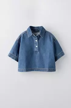 Укороченная джинсовая рубашка ZARA, синий