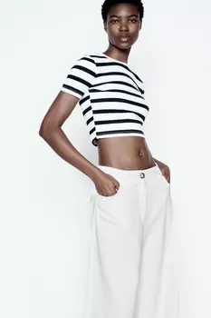 Укороченная футболка стрейч ZARA, черный/белый